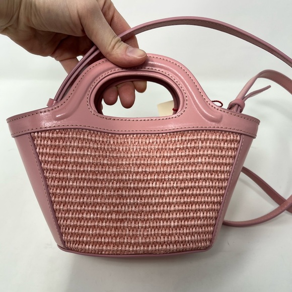Marni Micro Tropicalia Pink Raffia and Leather Bucket Bag with Crossbody Strap - Picture 10 of 12